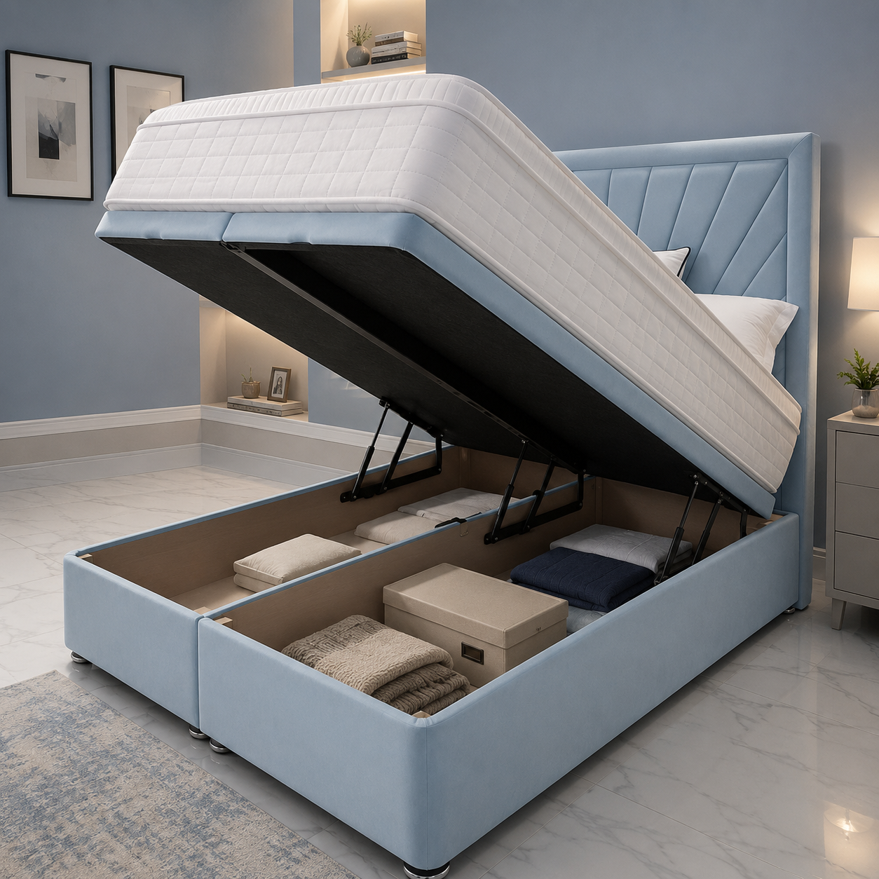 Ava Grace Ottoman Bed | Storage Bed with Sunburst Headboard