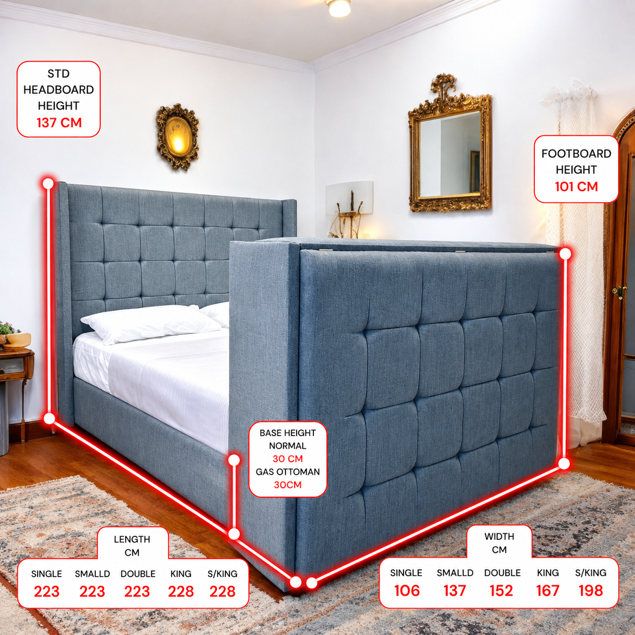 Alpha TV Bed Frame with Optional Ottoman Storage and USB Charging