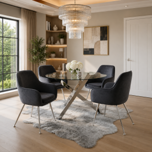 Capri Silver Dining Table with 4 Tara Grey Chairs