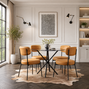 Casa Glass and Black Dining Table 4 Smith Caramel Chairs