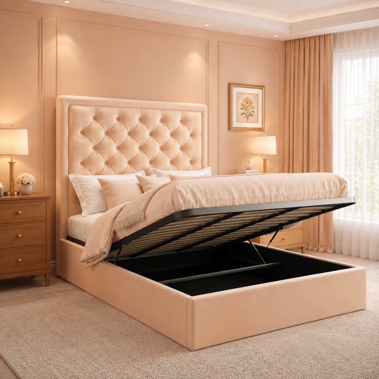 Caspian Upholstered Storage Bed – Ottoman Gas Lift Frame | UK Made