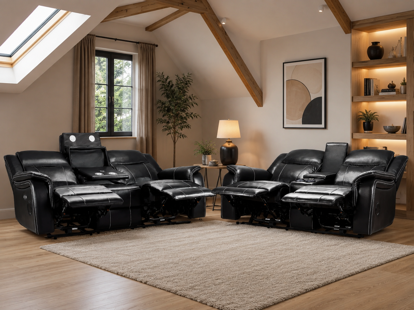 Galaxy Tech Electric Recliner Sofa Black 3+2 Set