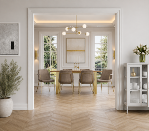 Antibes Gold Dining Table 4 Carlo Taupe Chairs with Arms