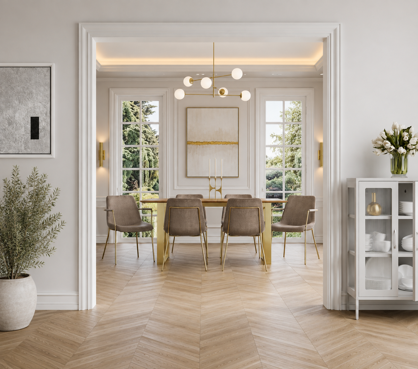 Antibes Gold Dining Table 4 Carlo Taupe Chairs with Arms