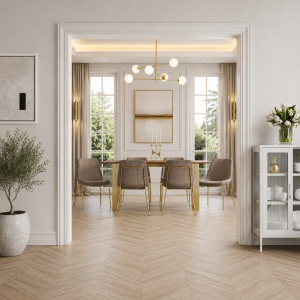 Antibes Gold Dining Table 6 Carlo Taupe Chairs