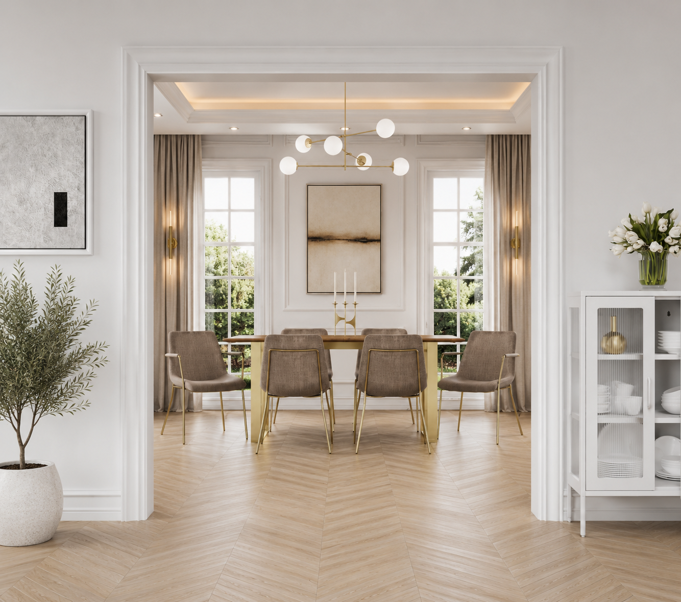 Antibes Gold Dining Table 6 Carlo Taupe Chairs with Arms