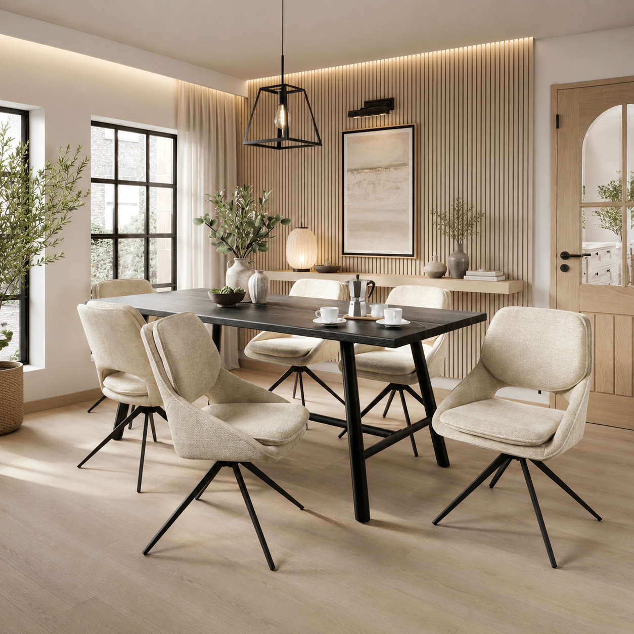 Louie Black Dining Table 4 Edisto Off White Dining Chairs