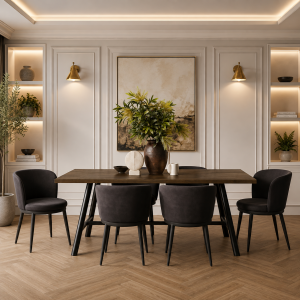 Louie Coffee Dining Table 6 Nova Black Dining Chairs