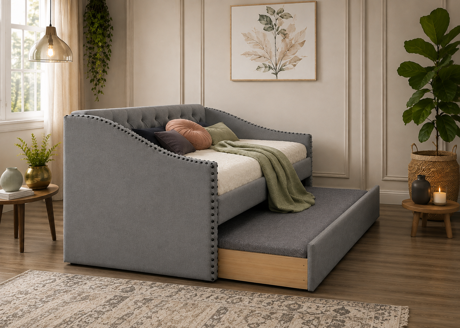 Ava Grey Fabric Chesterfield Guest Trundle Day Bed