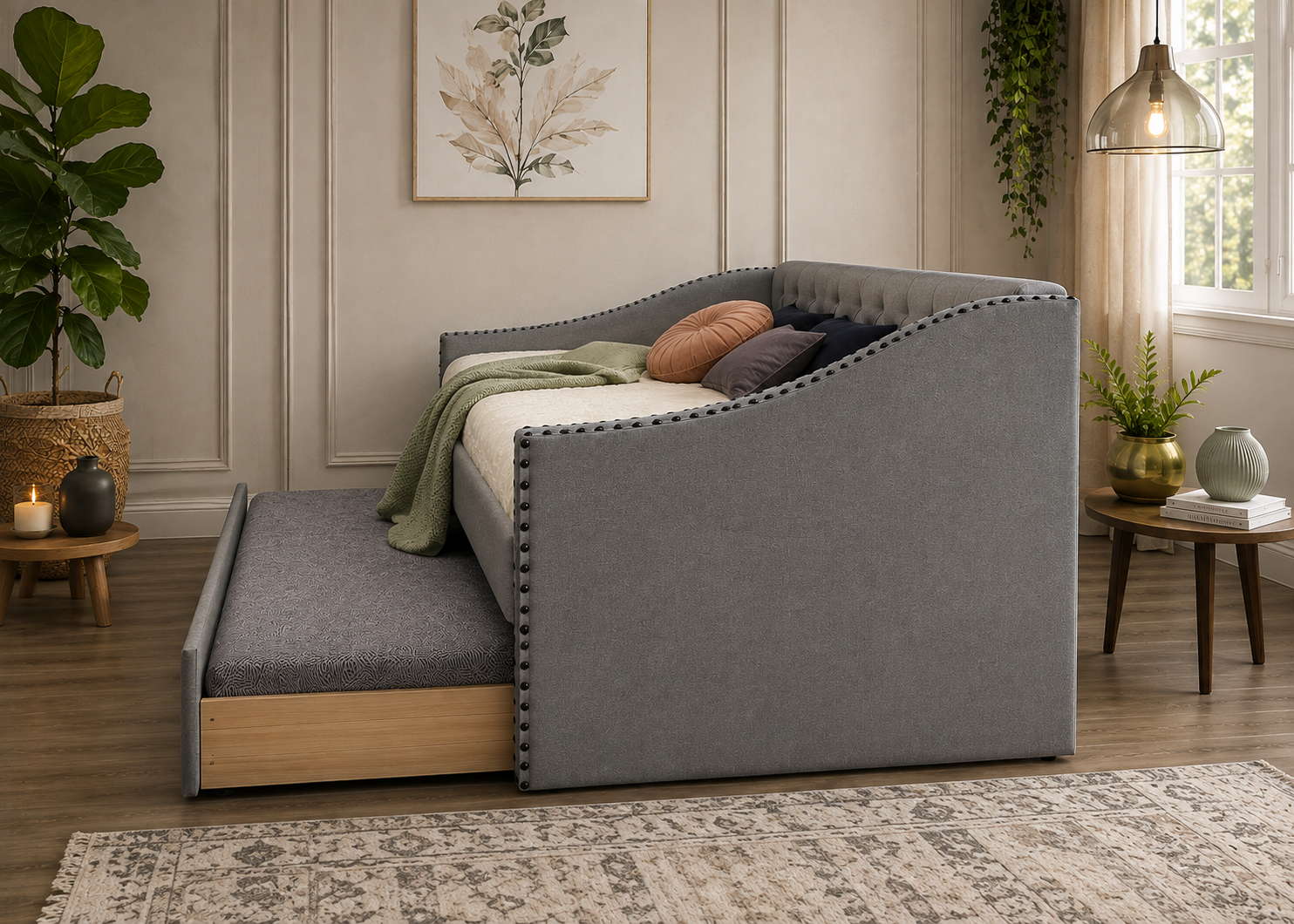 Ava Grey Fabric Chesterfield Guest Trundle Day Bed
