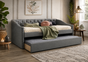 Ava Grey Fabric Chesterfield Guest Trundle Day Bed