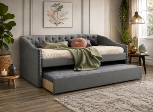 Ava Grey Fabric Chesterfield Guest Trundle Day Bed