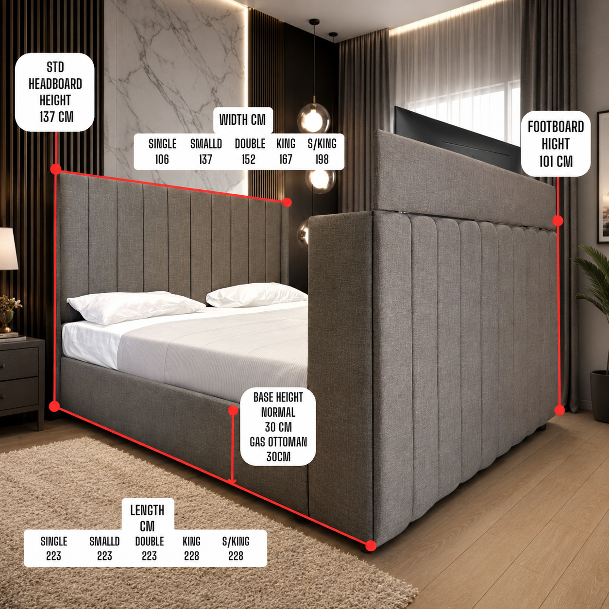 Luther Electric Media TV Bed Frame with Optional Ottoman Storage + USB Socket