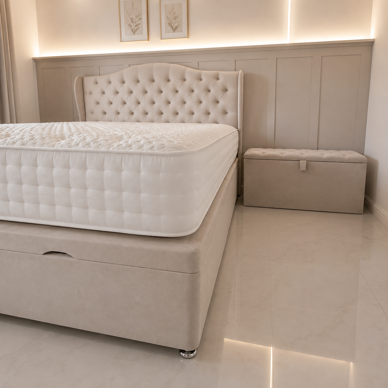 Marilyn Ottoman Bed | Buttoned Storage Bed with Curved Headboard
