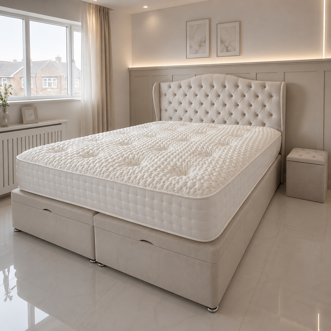 Marilyn Ottoman Bed | Buttoned Storage Bed with Curved Headboard