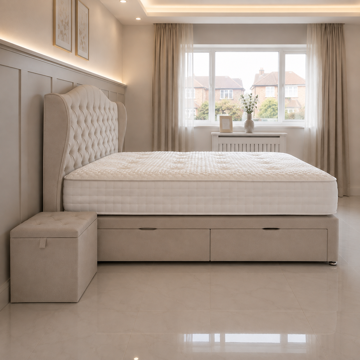 Marilyn Ottoman Bed | Buttoned Storage Bed with Curved Headboard