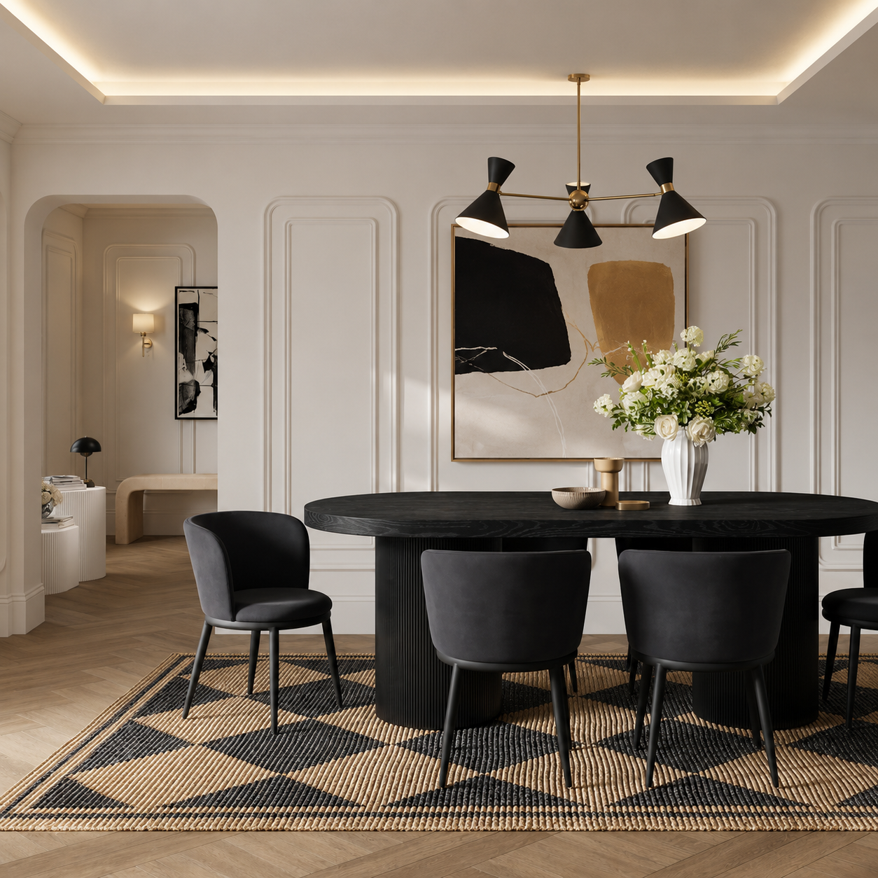 Rina Black Dining Table with 4 Nova Black Chairs