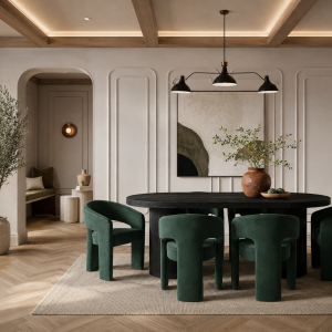 Rina Black Dining Table with 6 Alba Forest Green Chairs