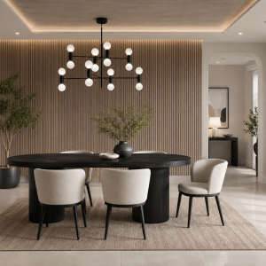 Rina Black Dining Table with 6 Nova Ivory Chairs