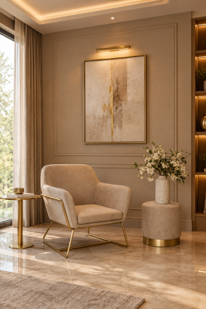 Charles Chair and Lara Small Pouffe Beige and Gold