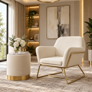 Charles Chair and Lara Small Pouffe in Cream and Gold