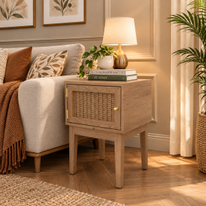 Bordeaux Oak Side Table | Rattan & Gold Detailing