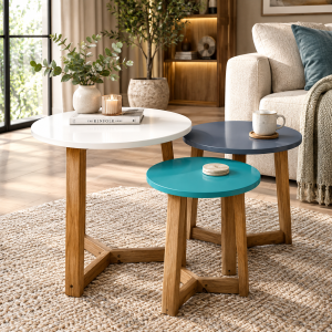 Jasper Nest of Tables, Aqua Steel Blue White Oak