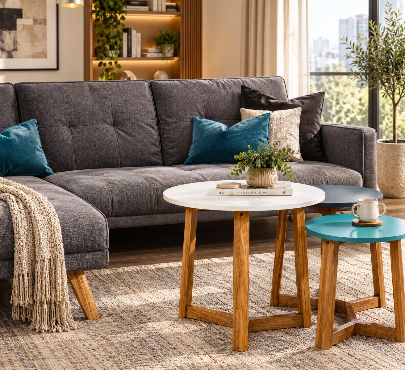 Jasper Nest of Tables, Aqua Steel Blue White Oak
