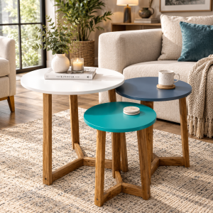 Jasper Nest of Tables, Aqua Steel Blue White Oak