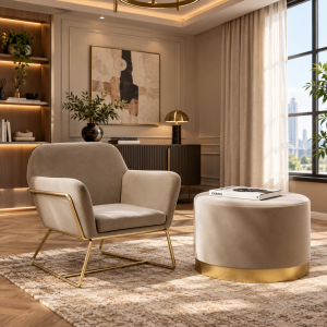 Lara Beige Velvet Large Pouffe