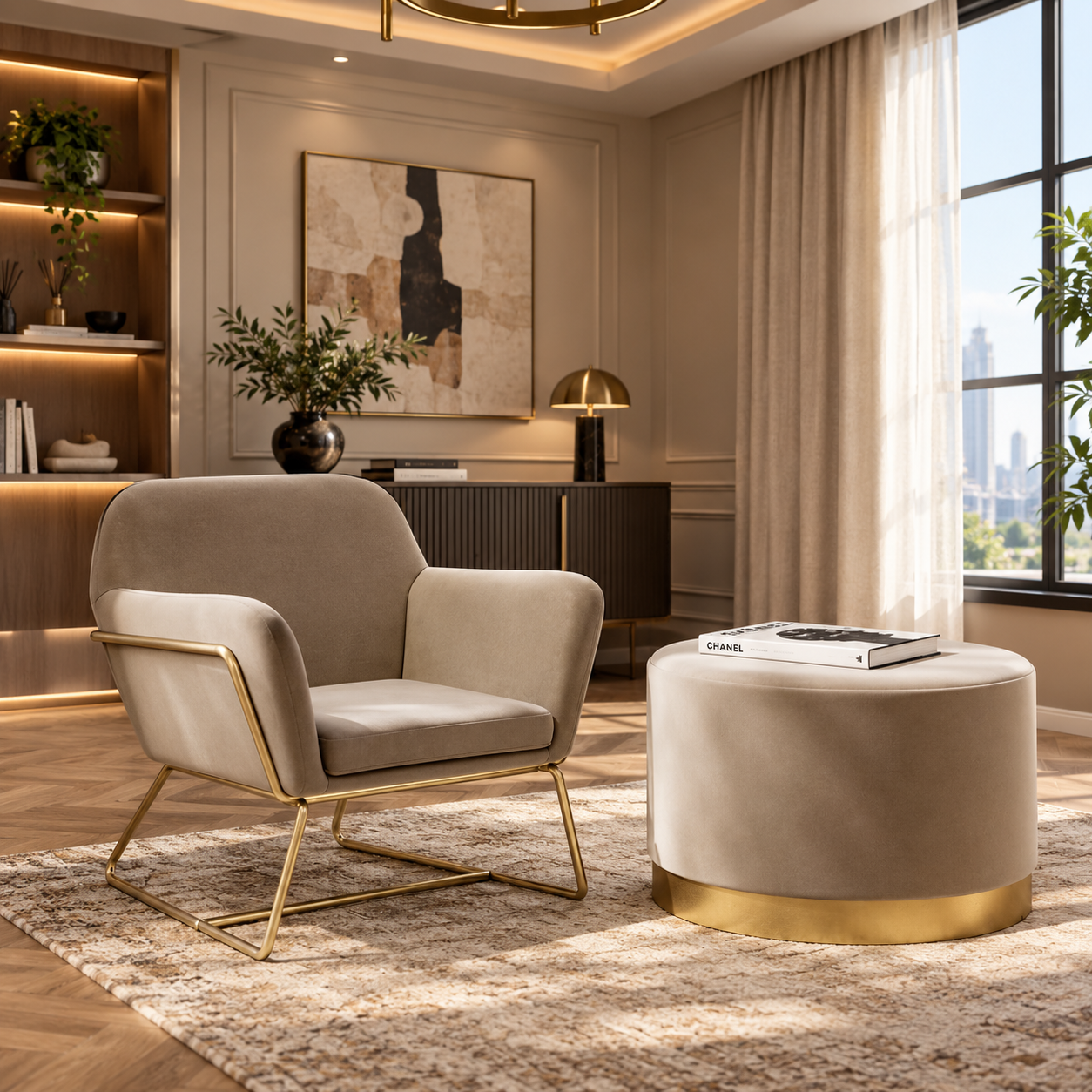 Lara Beige Velvet Large Pouffe