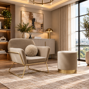 Lara Beige Velvet Small Pouffe