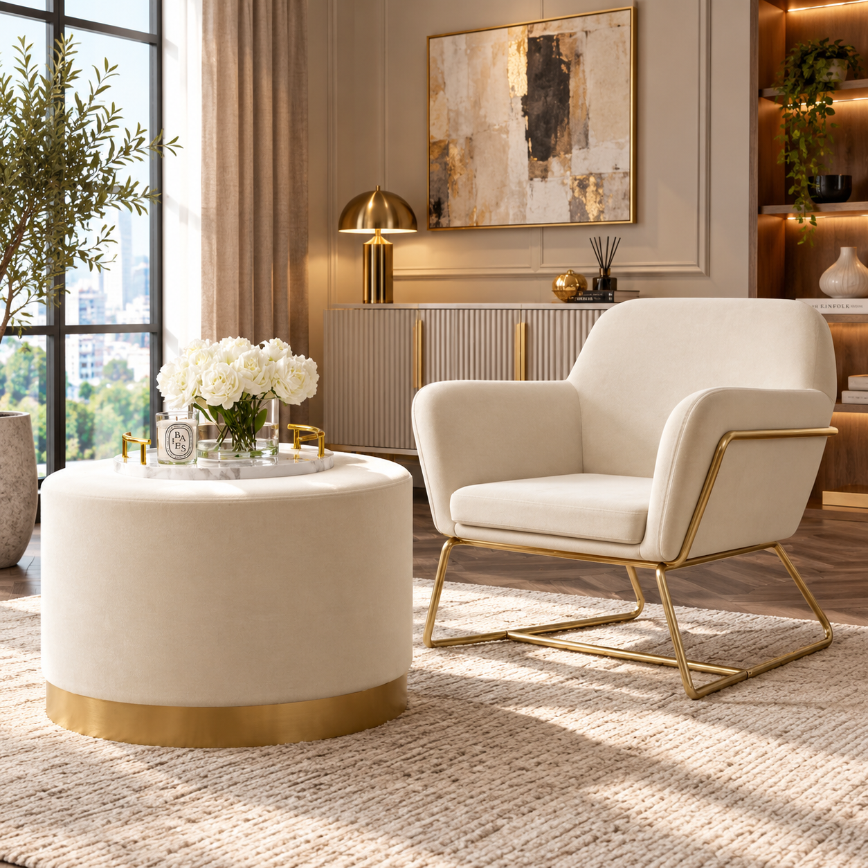 Lara Cream Velvet Large Pouffe