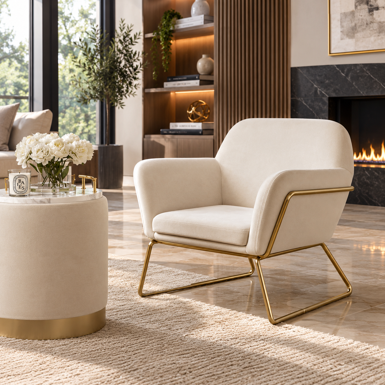 Lara Cream Velvet Small Pouffe, Luxe Gold Base
